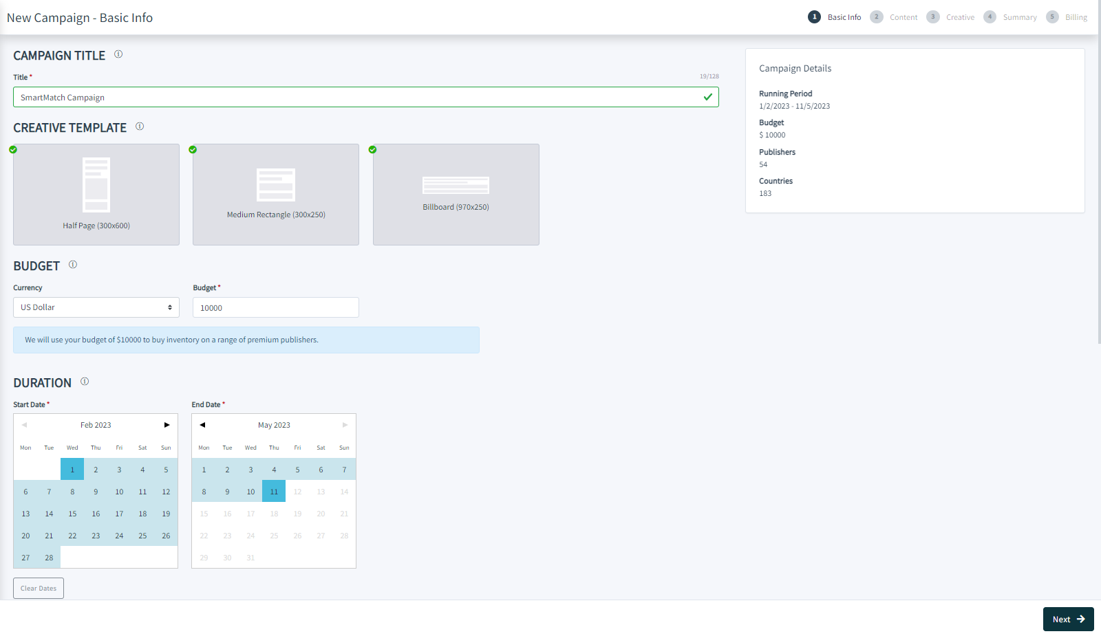 Screenshot of the SmartMatch™ Platform's 'Basic Info' screen, where you manage key aspects of the campaign setup.