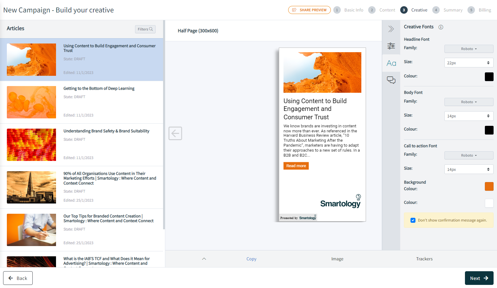 Screenshot of the SmartMatch™ Platform's 'Creative' screen, showing a preview of the dynamic creative.