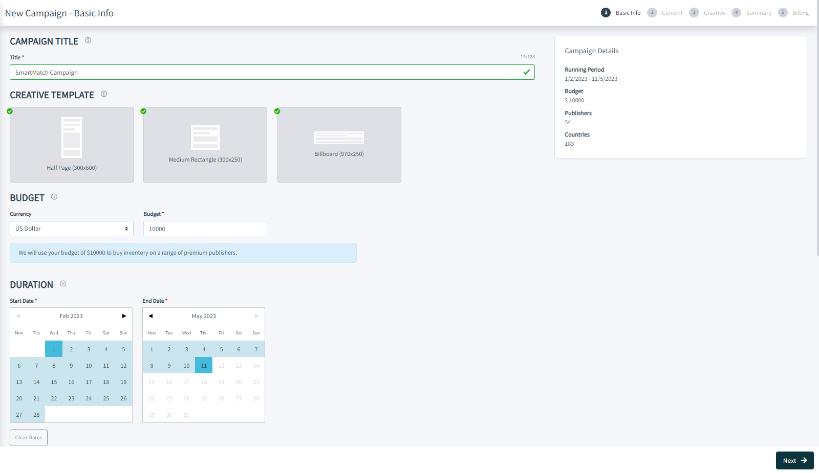 Screenshot of the Smartmatch Platform's 'Basic Info' screen, where you manage key aspects of the campaign setup.